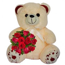 Cute Arrangement of Teddy and Red Roses